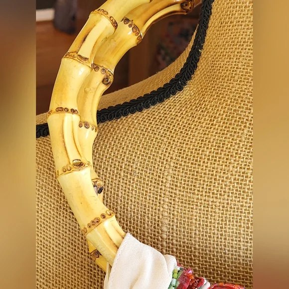 Christiana Rayon Floral Beaded Tote With 2 Bamboo Top Handles Large - Picture 5 of 14